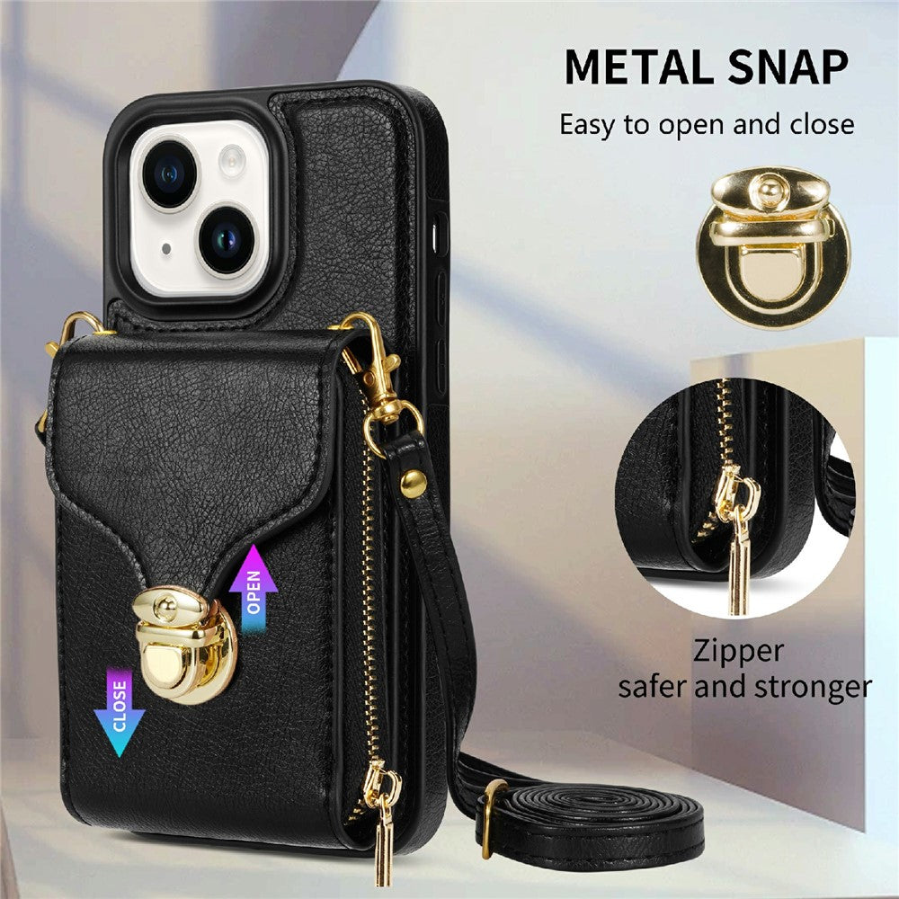 For iPhone 14 PU Leather Coated TPU Phone Case Zipper Card Slot Kickstand Cover with Shoulder Strap