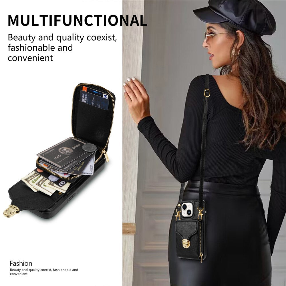 For iPhone 14 PU Leather Coated TPU Phone Case Zipper Card Slot Kickstand Cover with Shoulder Strap