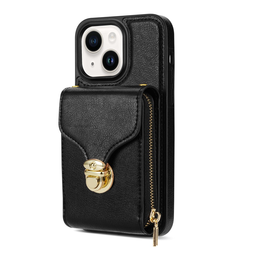 For iPhone 14 PU Leather Coated TPU Phone Case Zipper Card Slot Kickstand Cover with Shoulder Strap