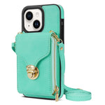 For iPhone 14 PU Leather Coated TPU Phone Case Zipper Card Slot Kickstand Cover with Shoulder Strap