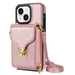 For iPhone 14 PU Leather Coated TPU Phone Case Zipper Card Slot Kickstand Cover with Shoulder Strap