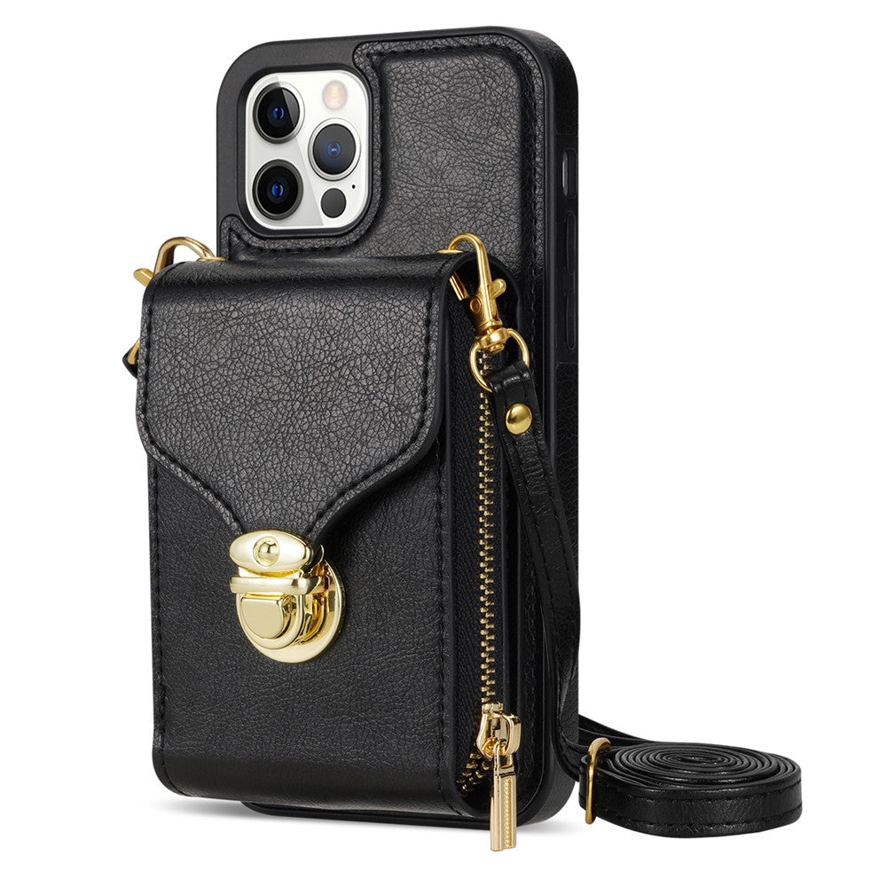 For iPhone 12 Pro Max 6.7 inch Leather Coated TPU Kickstand Case Zipper Card Holder Pouch Phone Cover