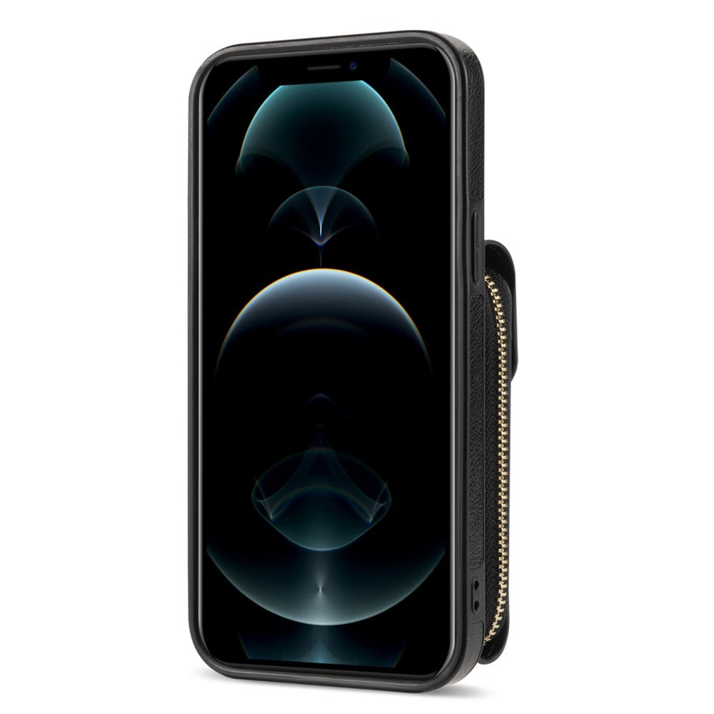 For iPhone 12 Pro Max 6.7 inch Leather Coated TPU Kickstand Case Zipper Card Holder Pouch Phone Cover