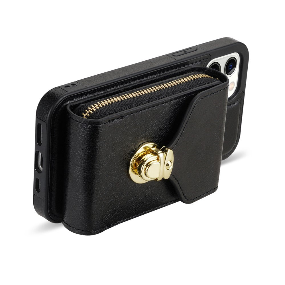 For iPhone 12 Pro Max 6.7 inch Leather Coated TPU Kickstand Case Zipper Card Holder Pouch Phone Cover
