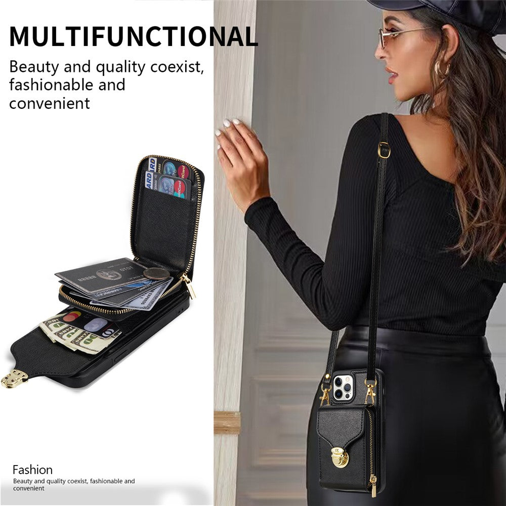 For iPhone 12 Pro Max 6.7 inch Leather Coated TPU Kickstand Case Zipper Card Holder Pouch Phone Cover