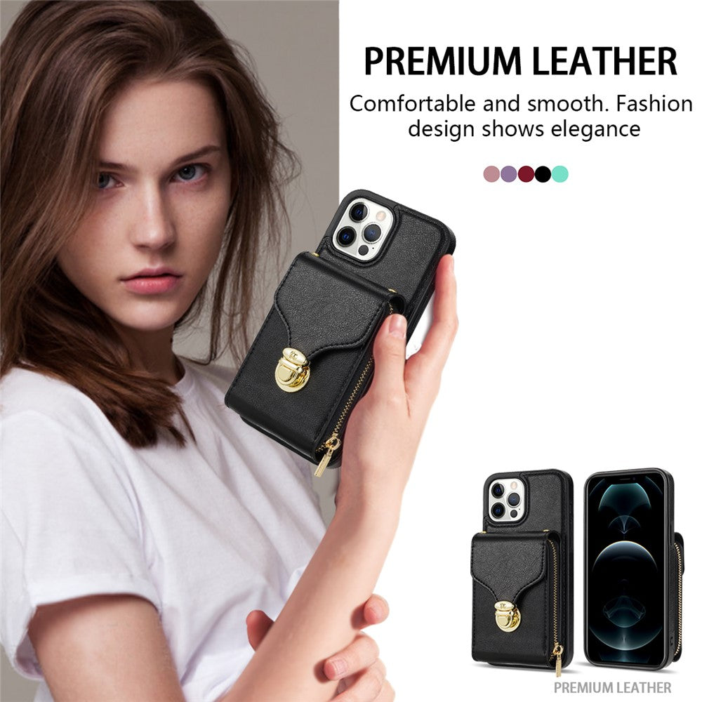 For iPhone 12 Pro Max 6.7 inch Leather Coated TPU Kickstand Case Zipper Card Holder Pouch Phone Cover