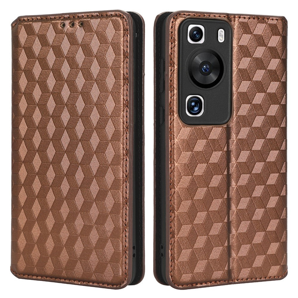 Huawei P60 / P60 Pro Rhombus Imprint PU-läderfodral med fällbart stativ, plånboksfodral