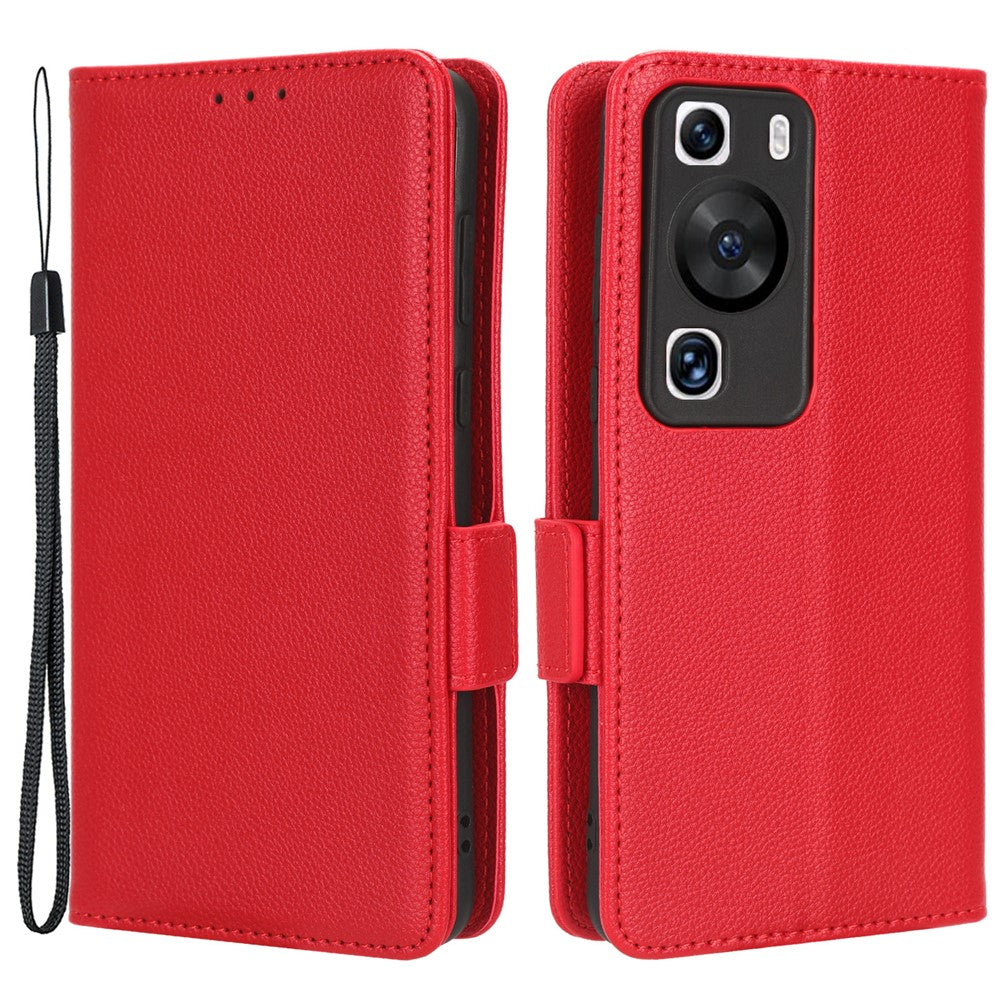 For Huawei P60 / P60 Pro Litchi Texture PU Leather Wallet Protective Case Stand Phone Cover with Strap
