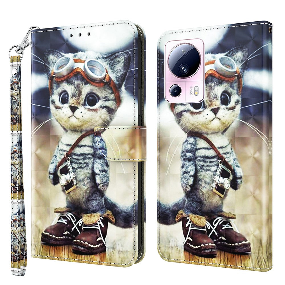 PU-läderflipfodral till Xiaomi 13 Lite / Civi 2 plånboksfodral med 3D-mönsterutskrift och rem