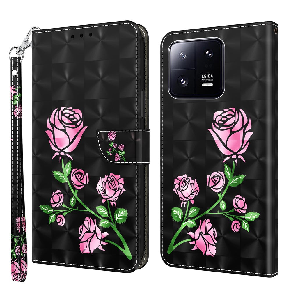 3D Pattern Printing Phone Case for Xiaomi 13 Pro 5G PU Leather Wallet Cover Anti-Drop Phone Shell with Strap