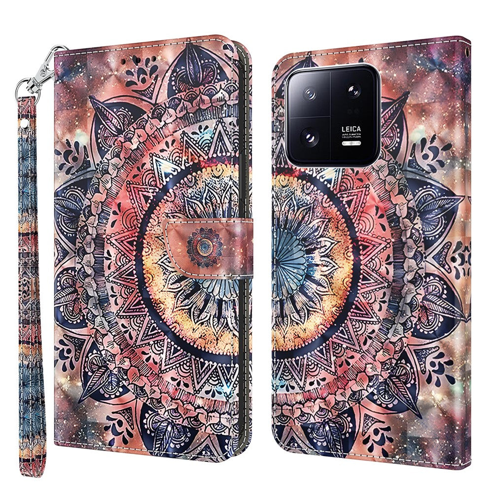 3D Pattern Printing Phone Case for Xiaomi 13 Pro 5G PU Leather Wallet Cover Anti-Drop Phone Shell with Strap