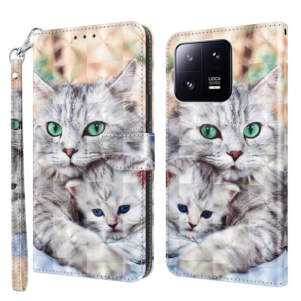 3D Pattern Printing Phone Case for Xiaomi 13 Pro 5G PU Leather Wallet Cover Anti-Drop Phone Shell with Strap