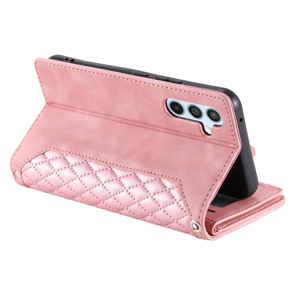 Samsung Galaxy A14 5G / 4G PU-lædercover med præget rombemønster, lynlås og pungcover med rem