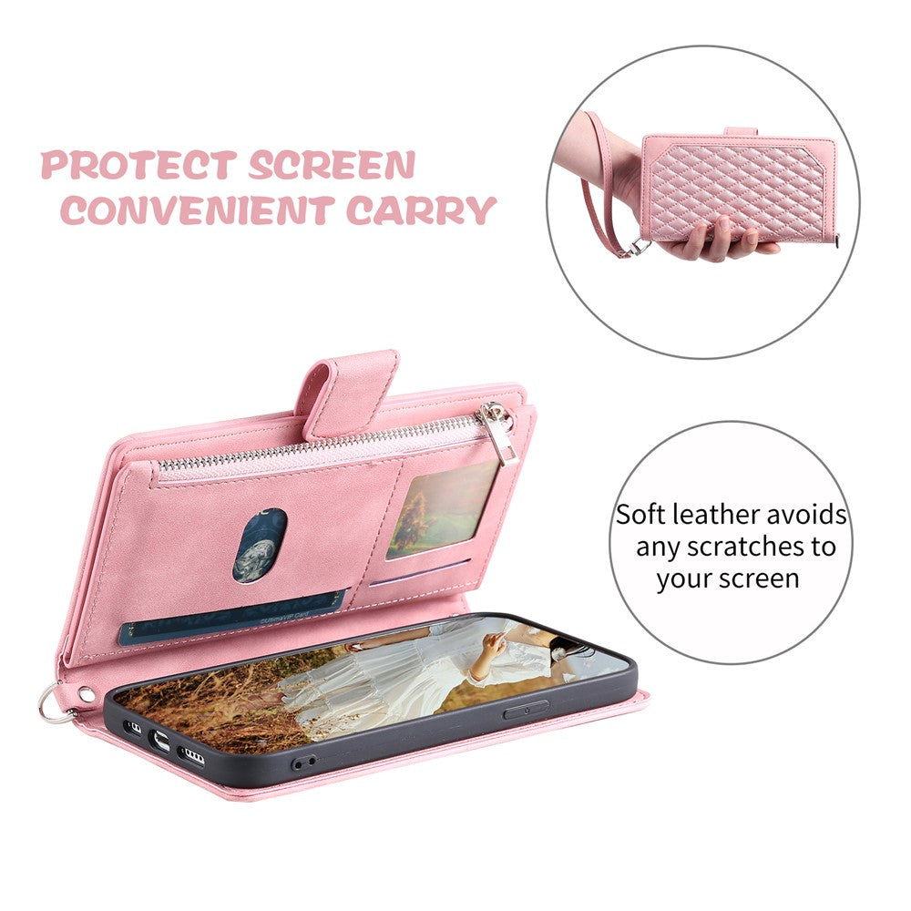 Samsung Galaxy A14 5G / 4G PU-lædercover med præget rombemønster, lynlås og pungcover med rem