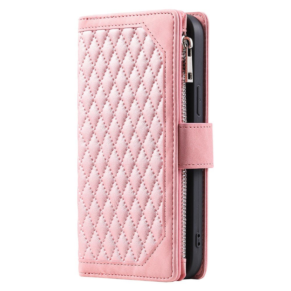 Samsung Galaxy A14 5G / 4G PU-lædercover med præget rombemønster, lynlås og pungcover med rem