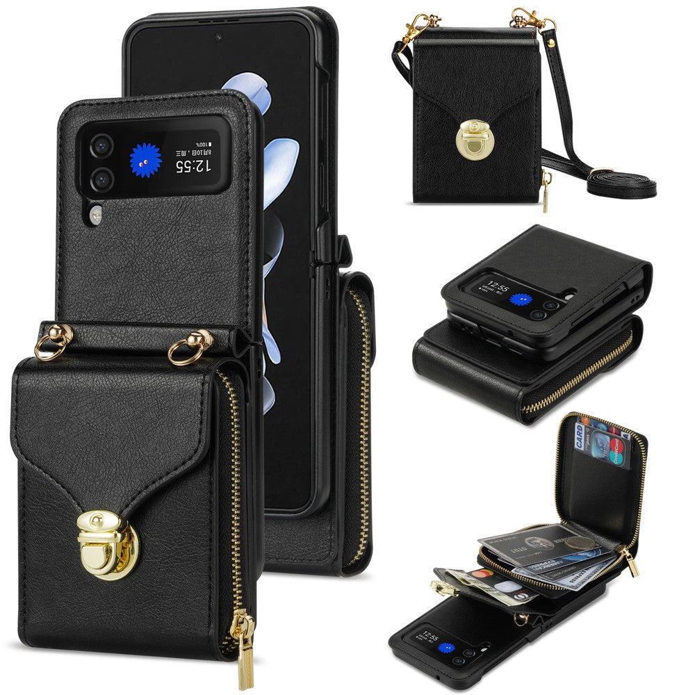 For Samsung Galaxy Z Flip3 5G Zipper Card Bag Phone Case Leather+TPU+PC Cover with Shoulder Strap
