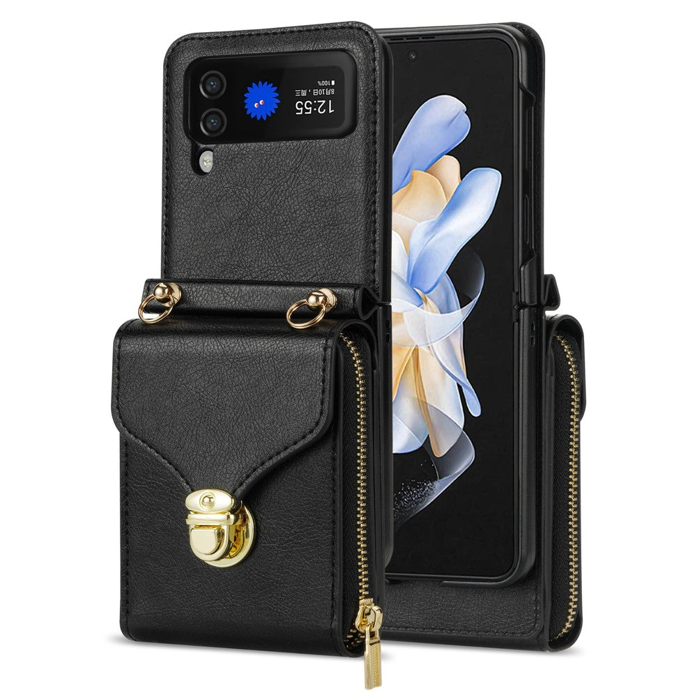 For Samsung Galaxy Z Flip3 5G Zipper Card Bag Phone Case Leather+TPU+PC Cover with Shoulder Strap