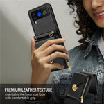 For Samsung Galaxy Z Flip3 5G Zipper Card Bag Phone Case Leather+TPU+PC Cover with Shoulder Strap