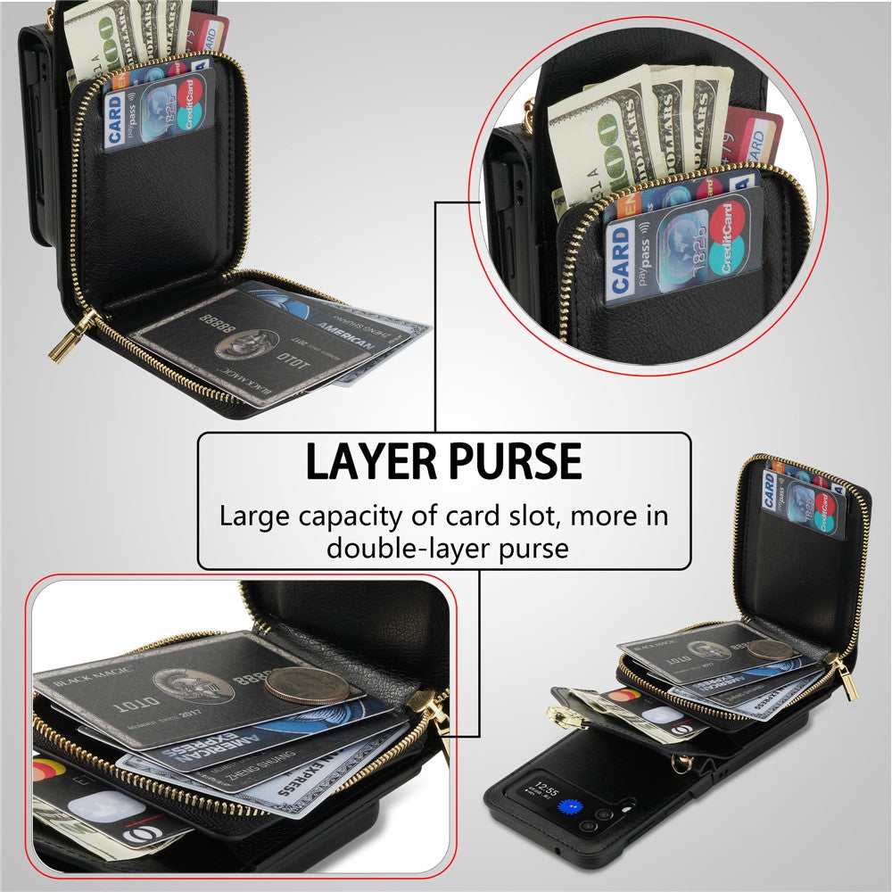 For Samsung Galaxy Z Flip3 5G Zipper Card Bag Phone Case Leather+TPU+PC Cover with Shoulder Strap
