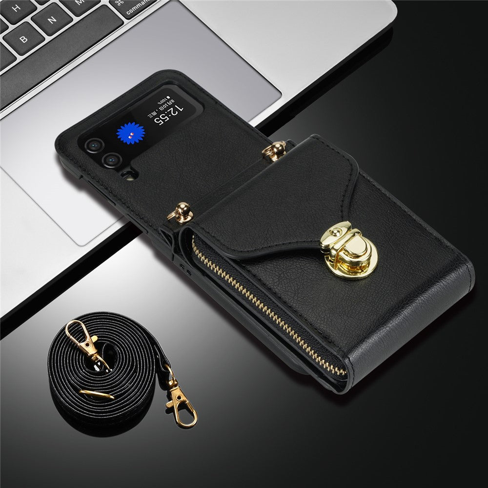 For Samsung Galaxy Z Flip3 5G Zipper Card Bag Phone Case Leather+TPU+PC Cover with Shoulder Strap