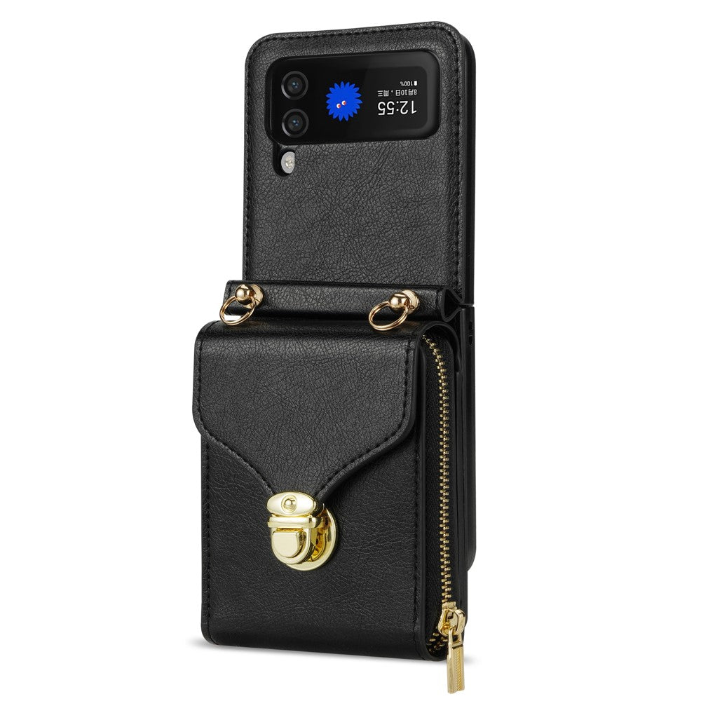 For Samsung Galaxy Z Flip3 5G Zipper Card Bag Phone Case Leather+TPU+PC Cover with Shoulder Strap