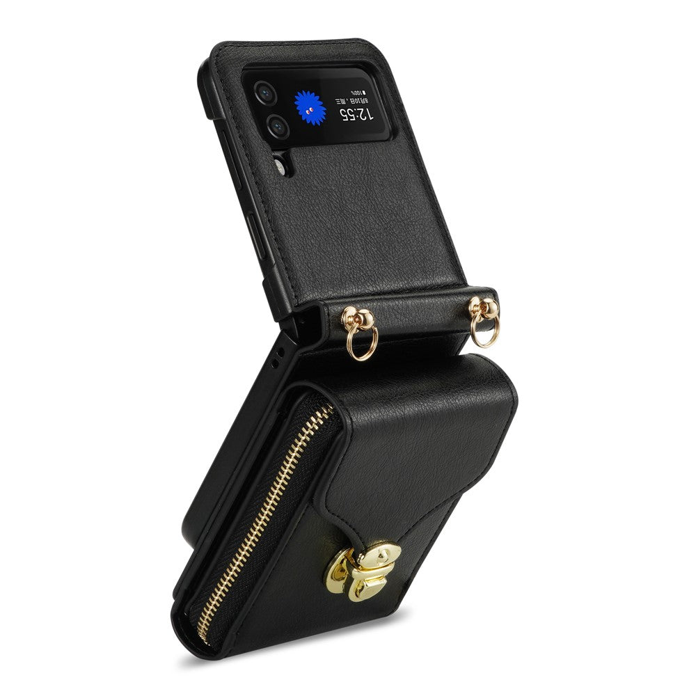 For Samsung Galaxy Z Flip3 5G Zipper Card Bag Phone Case Leather+TPU+PC Cover with Shoulder Strap