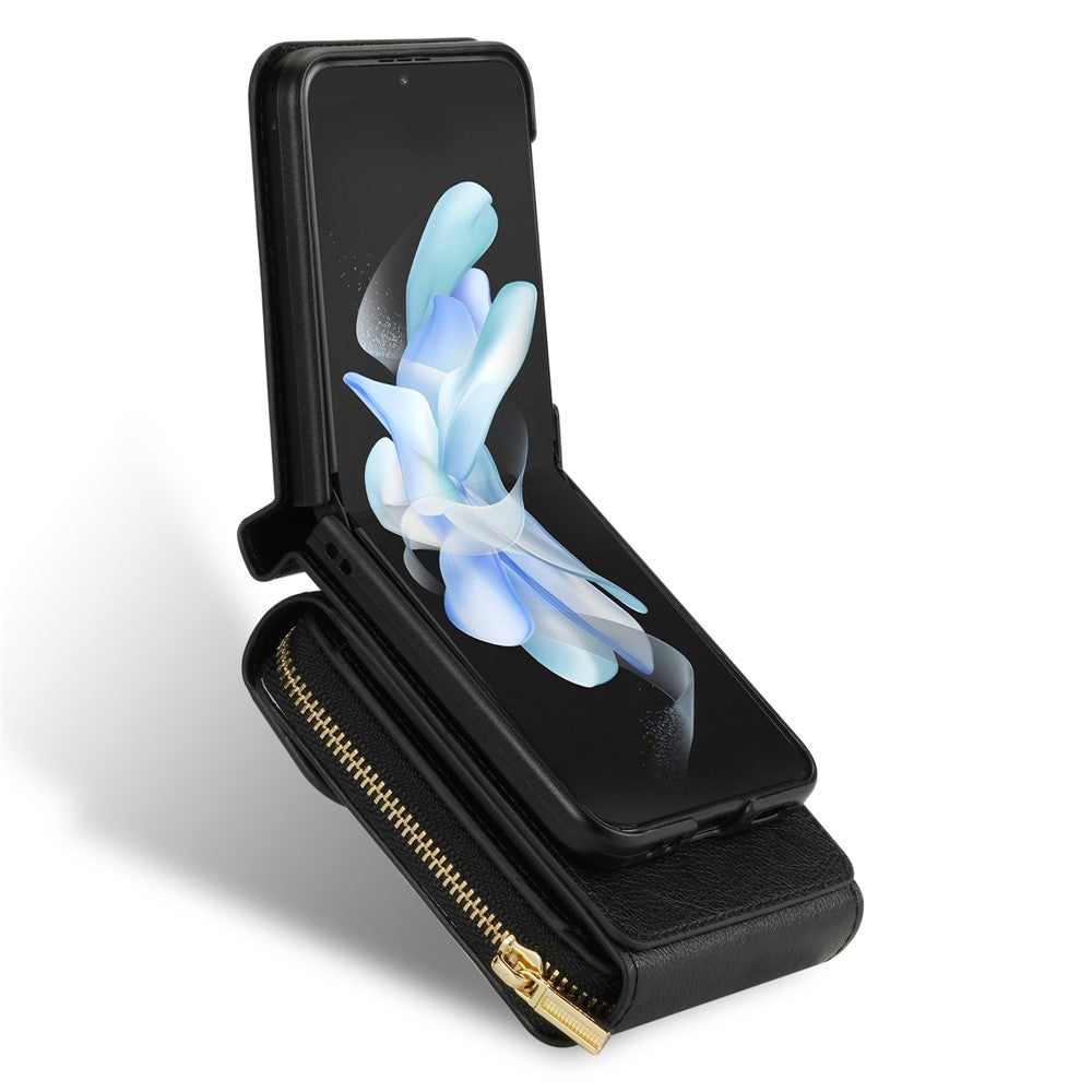 For Samsung Galaxy Z Flip3 5G Zipper Card Bag Phone Case Leather+TPU+PC Cover with Shoulder Strap