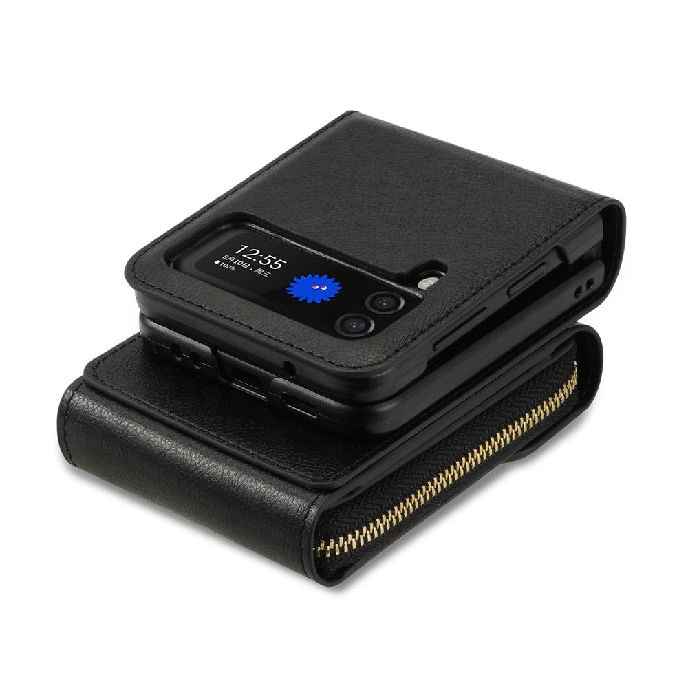 For Samsung Galaxy Z Flip3 5G Zipper Card Bag Phone Case Leather+TPU+PC Cover with Shoulder Strap