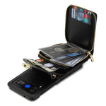 For Samsung Galaxy Z Flip3 5G Zipper Card Bag Phone Case Leather+TPU+PC Cover with Shoulder Strap