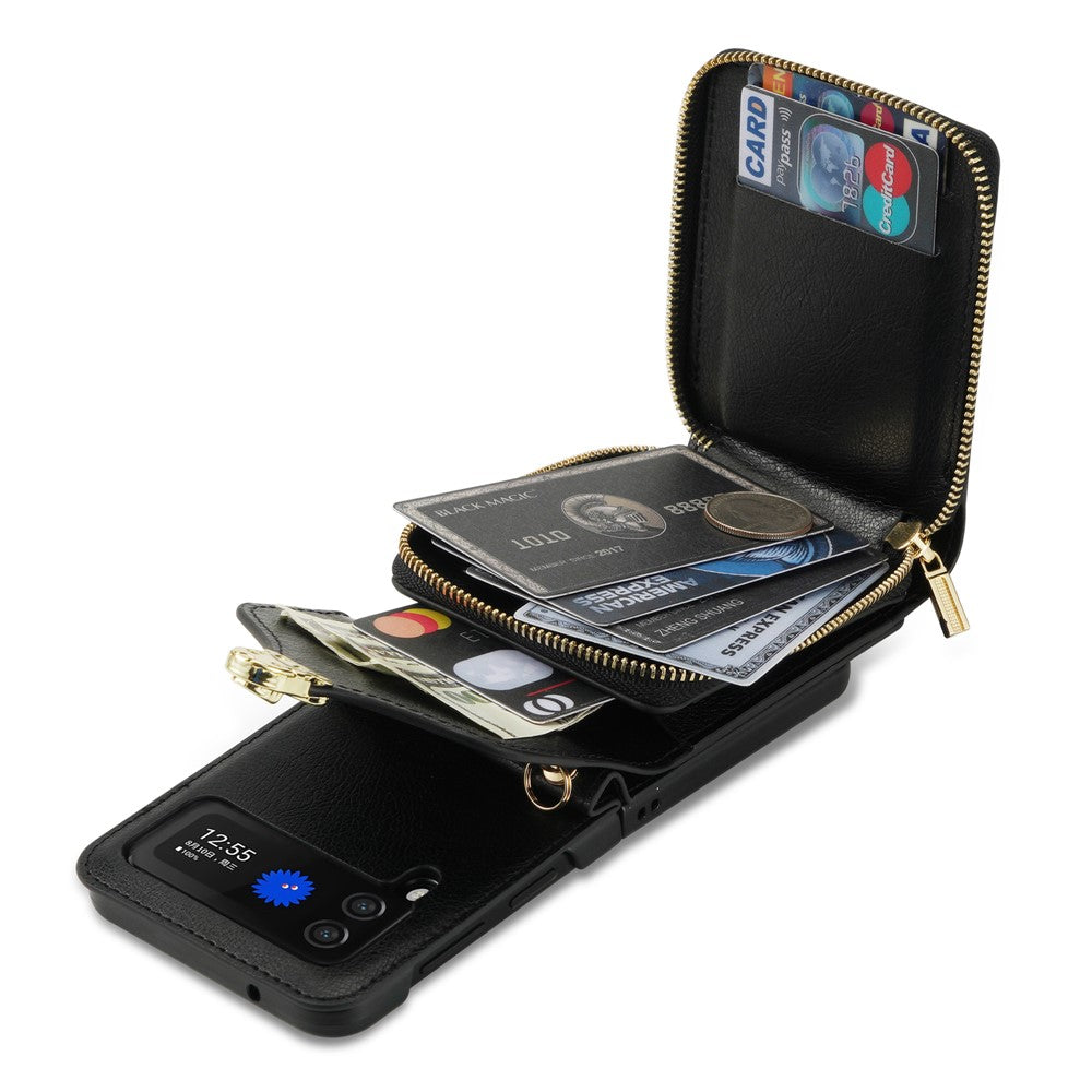 For Samsung Galaxy Z Flip3 5G Zipper Card Bag Phone Case Leather+TPU+PC Cover with Shoulder Strap