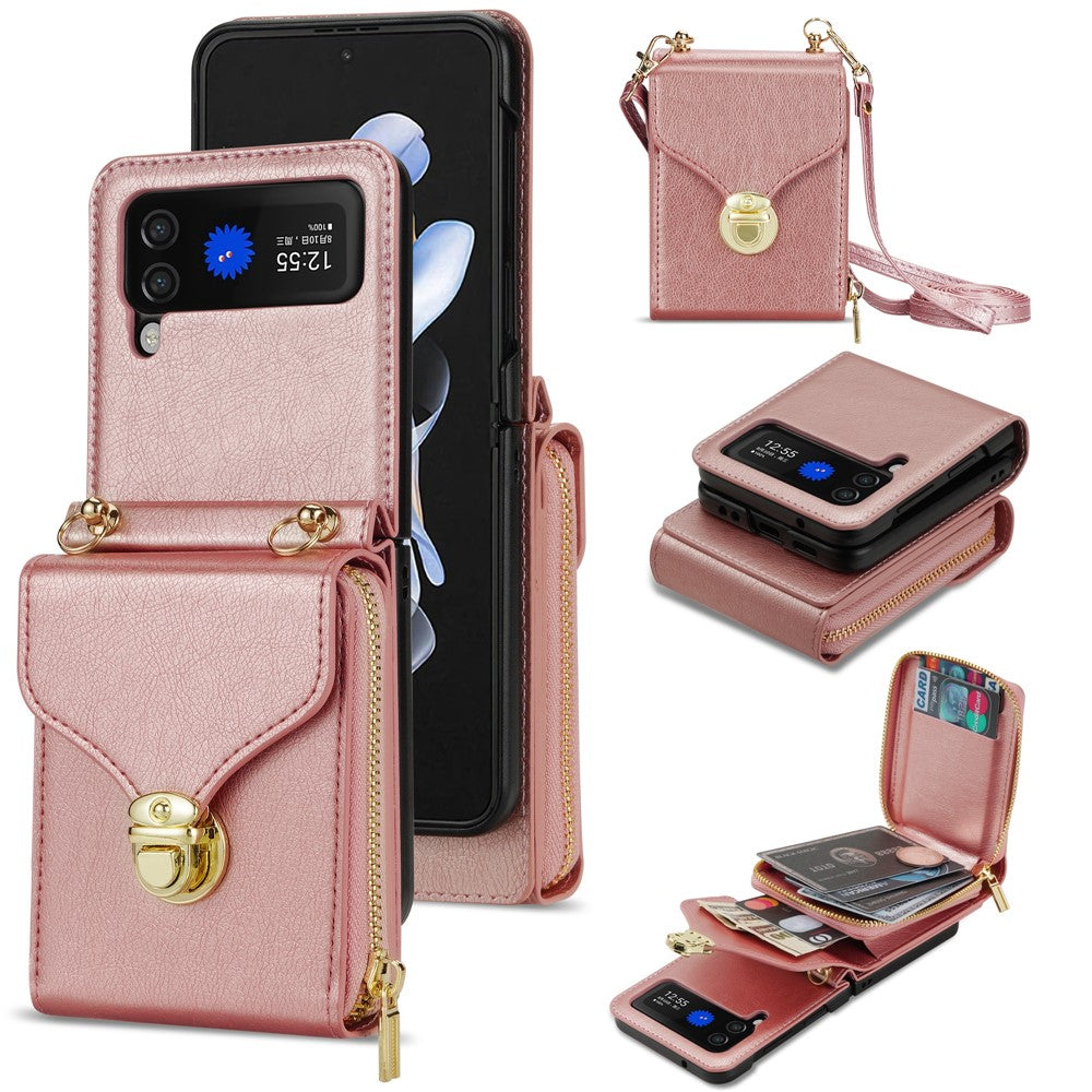 For Samsung Galaxy Z Flip3 5G Zipper Card Bag Phone Case Leather+TPU+PC Cover with Shoulder Strap