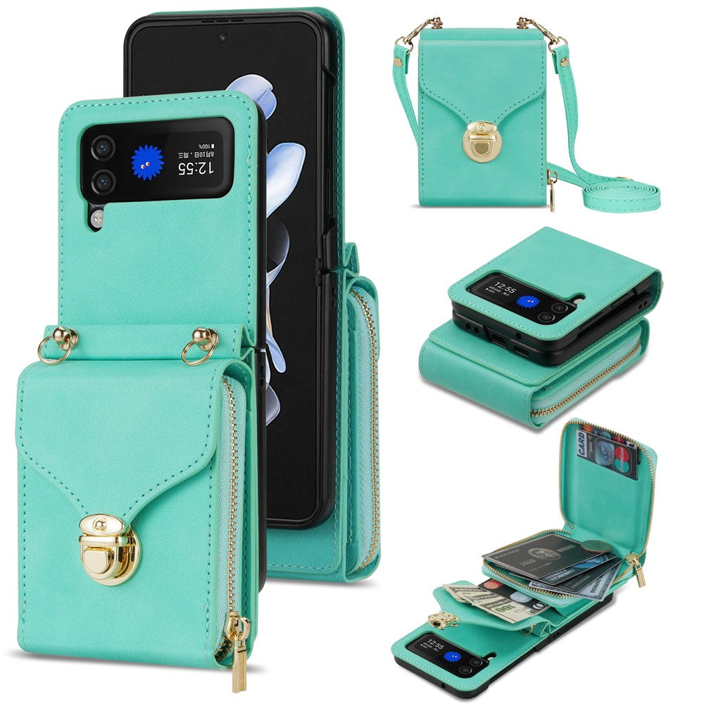 For Samsung Galaxy Z Flip3 5G Zipper Card Bag Phone Case Leather+TPU+PC Cover with Shoulder Strap