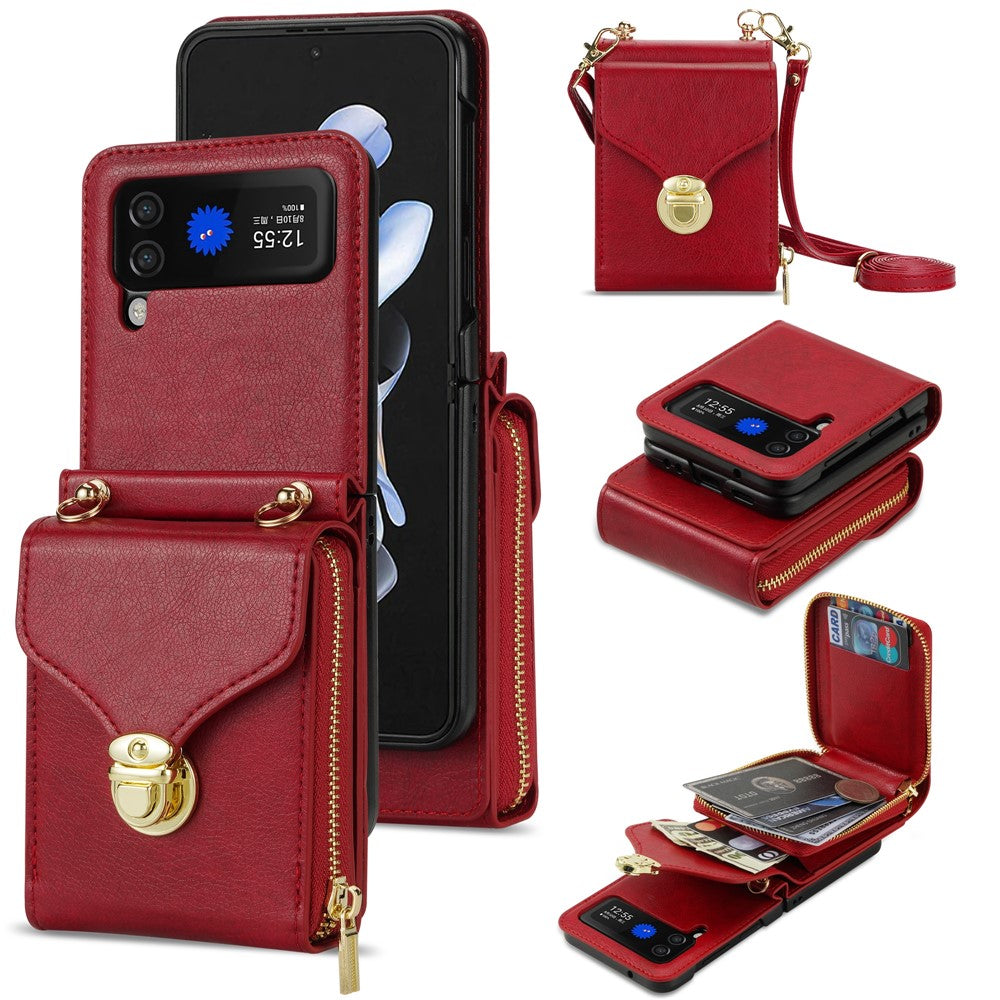 For Samsung Galaxy Z Flip3 5G Zipper Card Bag Phone Case Leather+TPU+PC Cover with Shoulder Strap
