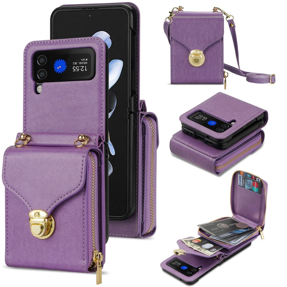 For Samsung Galaxy Z Flip3 5G Zipper Card Bag Phone Case Leather+TPU+PC Cover with Shoulder Strap