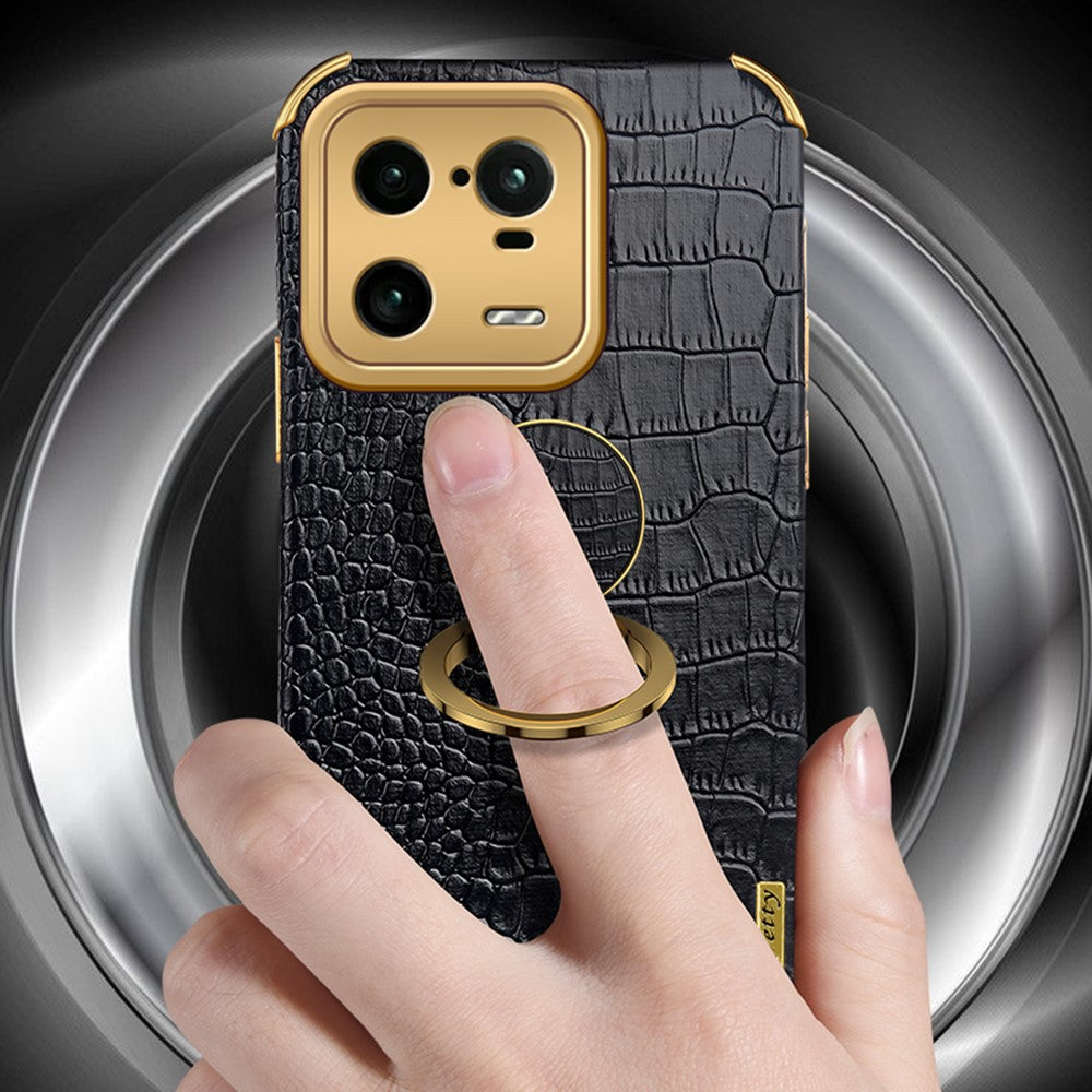 For Xiaomi 13 Pro 5G PU Leather Coated TPU Phone Case Crocodile Texture 6D Electroplated Cover with Ring Holder Kickstand