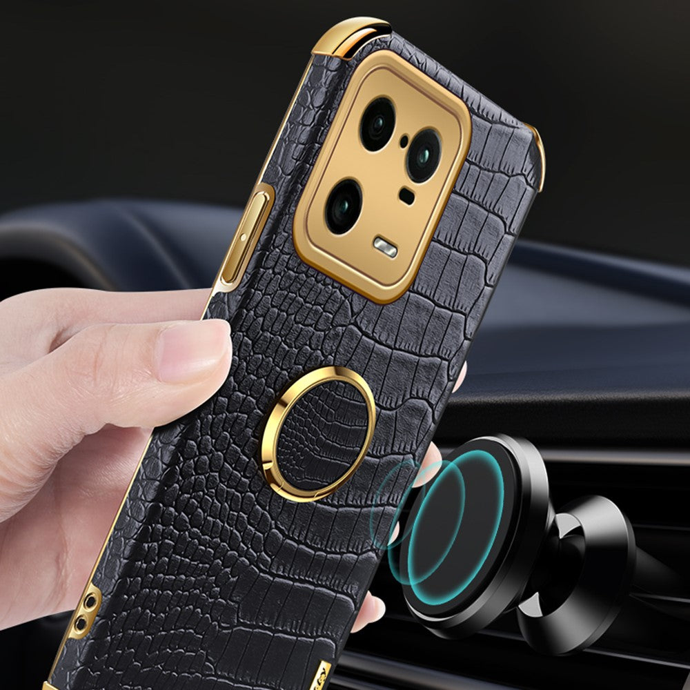 For Xiaomi 13 Pro 5G PU Leather Coated TPU Phone Case Crocodile Texture 6D Electroplated Cover with Ring Holder Kickstand