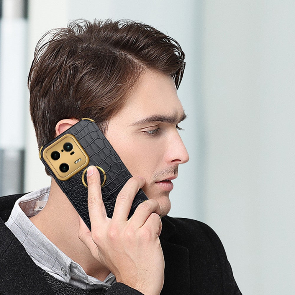 For Xiaomi 13 Pro 5G PU Leather Coated TPU Phone Case Crocodile Texture 6D Electroplated Cover with Ring Holder Kickstand