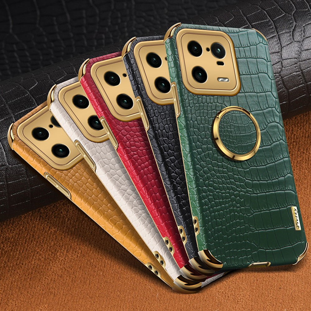 For Xiaomi 13 Pro 5G PU Leather Coated TPU Phone Case Crocodile Texture 6D Electroplated Cover with Ring Holder Kickstand