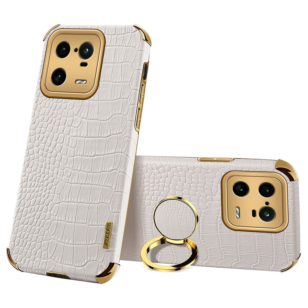 For Xiaomi 13 Pro 5G PU Leather Coated TPU Phone Case Crocodile Texture 6D Electroplated Cover with Ring Holder Kickstand