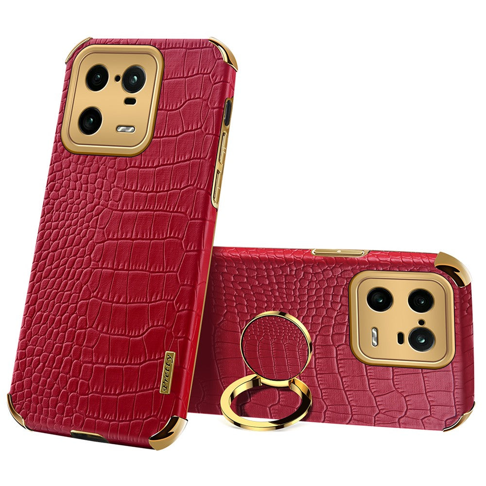 For Xiaomi 13 Pro 5G PU Leather Coated TPU Phone Case Crocodile Texture 6D Electroplated Cover with Ring Holder Kickstand