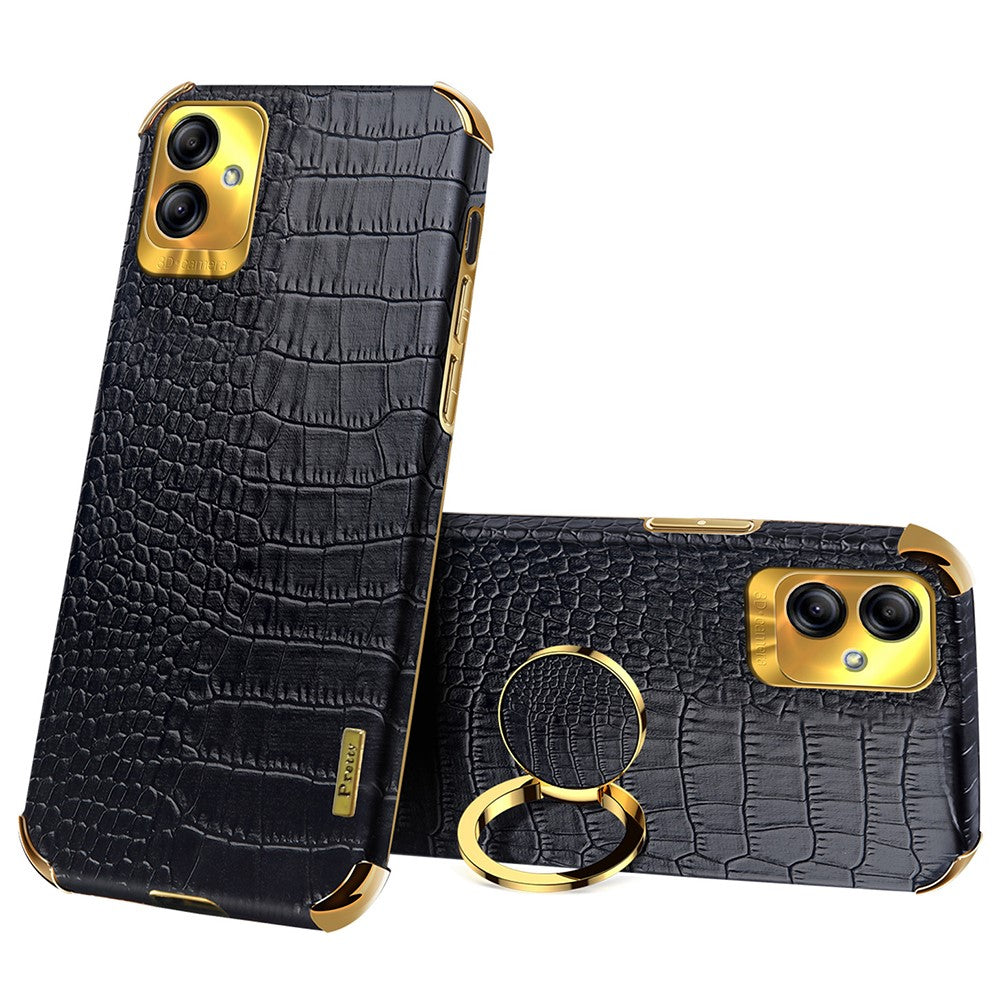 For Samsung Galaxy A04 4G (164.4 x 76.3 x 9.1 mm) Crocodile Texture Phone Case Electroplating Ring Kickstand PU Leather Coated TPU Cover