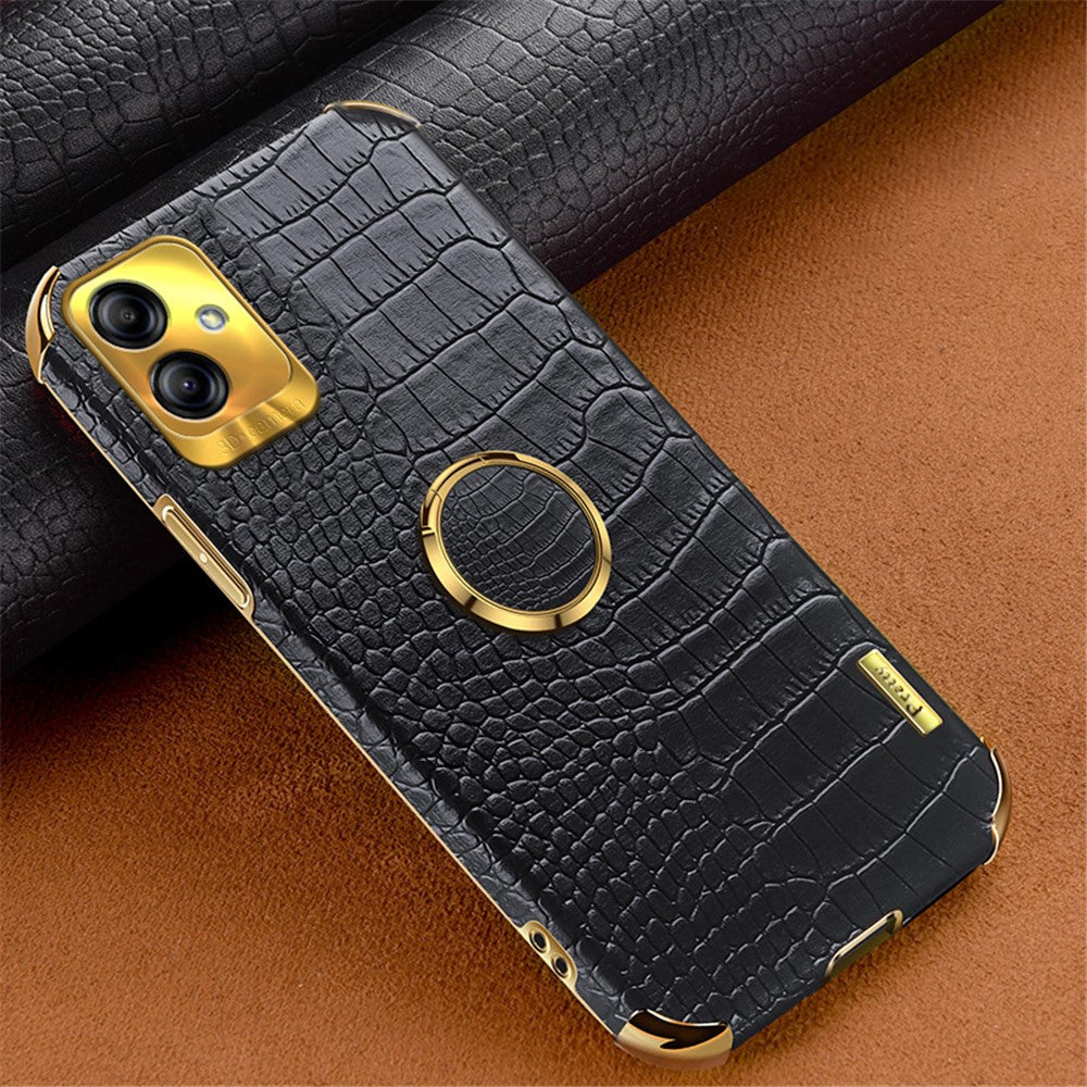 For Samsung Galaxy A04 4G (164.4 x 76.3 x 9.1 mm) Crocodile Texture Phone Case Electroplating Ring Kickstand PU Leather Coated TPU Cover
