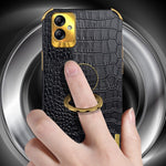 For Samsung Galaxy A04 4G (164.4 x 76.3 x 9.1 mm) Crocodile Texture Phone Case Electroplating Ring Kickstand PU Leather Coated TPU Cover