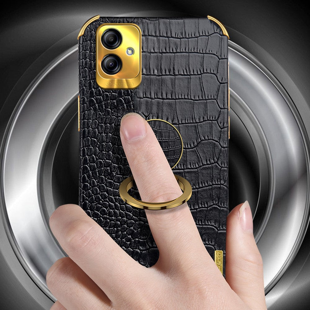 For Samsung Galaxy A04 4G (164.4 x 76.3 x 9.1 mm) Crocodile Texture Phone Case Electroplating Ring Kickstand PU Leather Coated TPU Cover