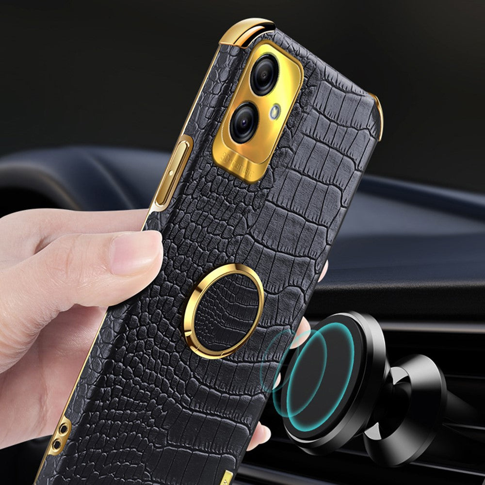 For Samsung Galaxy A04 4G (164.4 x 76.3 x 9.1 mm) Crocodile Texture Phone Case Electroplating Ring Kickstand PU Leather Coated TPU Cover