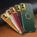 For Samsung Galaxy A04 4G (164.4 x 76.3 x 9.1 mm) Crocodile Texture Phone Case Electroplating Ring Kickstand PU Leather Coated TPU Cover