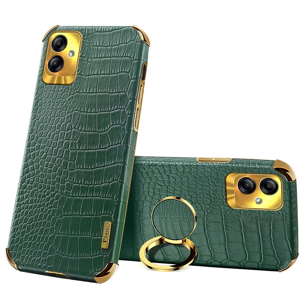 For Samsung Galaxy A04 4G (164.4 x 76.3 x 9.1 mm) Crocodile Texture Phone Case Electroplating Ring Kickstand PU Leather Coated TPU Cover