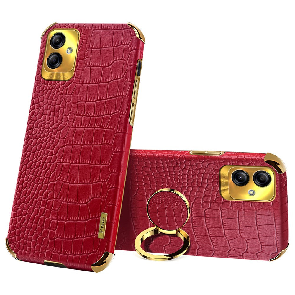 For Samsung Galaxy A04 4G (164.4 x 76.3 x 9.1 mm) Crocodile Texture Phone Case Electroplating Ring Kickstand PU Leather Coated TPU Cover