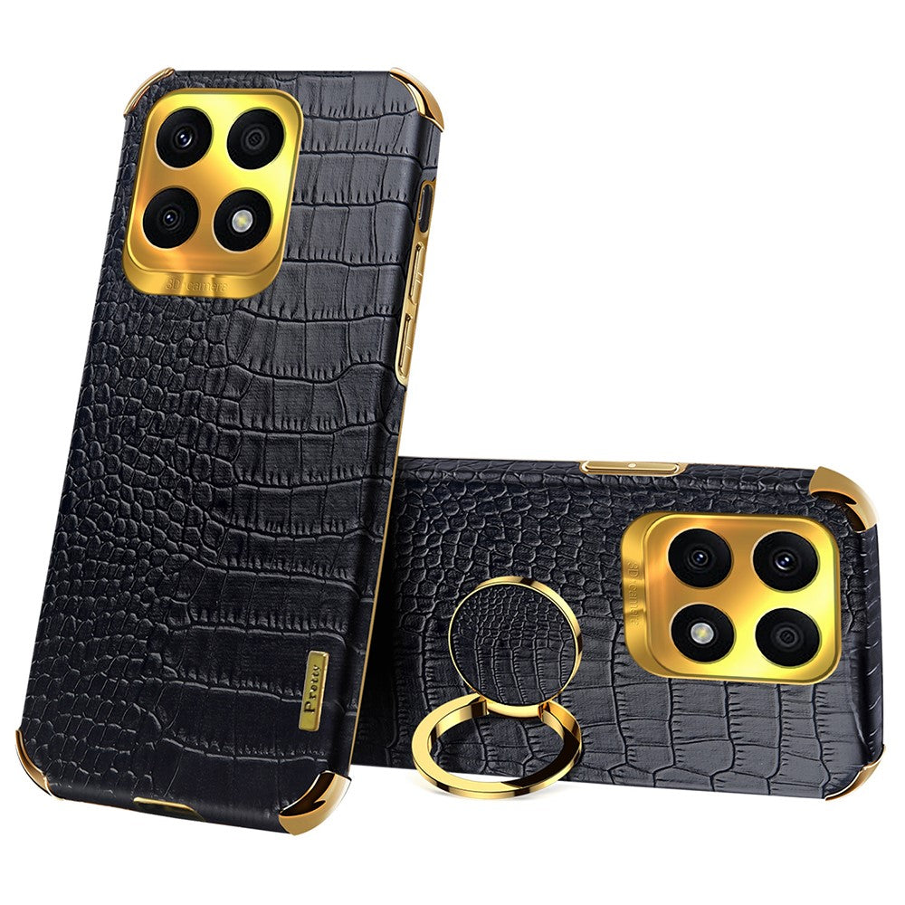 Ring Kickstand Case for Honor X8a 4G Crocodile Texture Leather Coated TPU 6D Electroplating Phone Cover