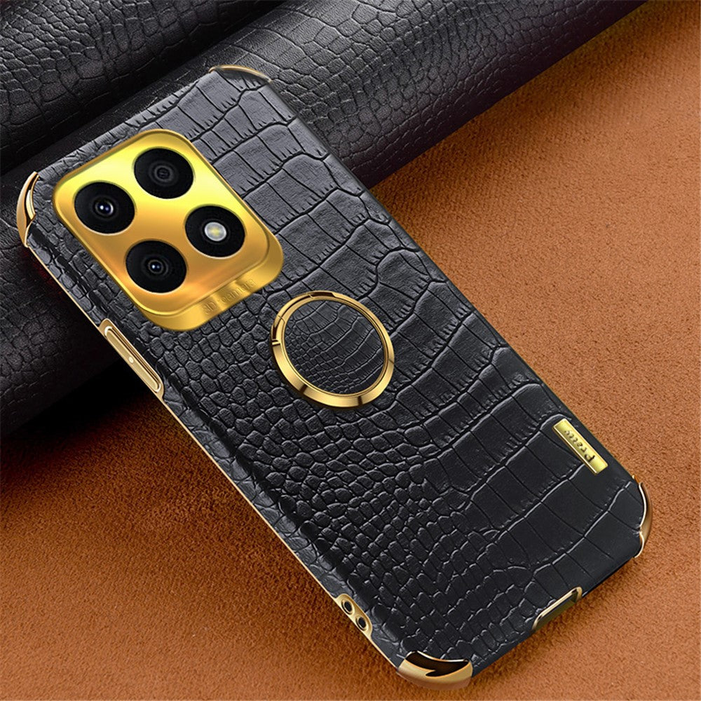 Ring Kickstand Case for Honor X8a 4G Crocodile Texture Leather Coated TPU 6D Electroplating Phone Cover
